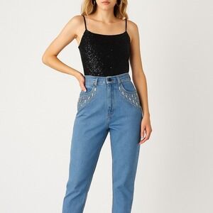 Vintage 80s Cache Rhinestone Studded High Waist Jeans USA Made Glam Mom Jeans 27